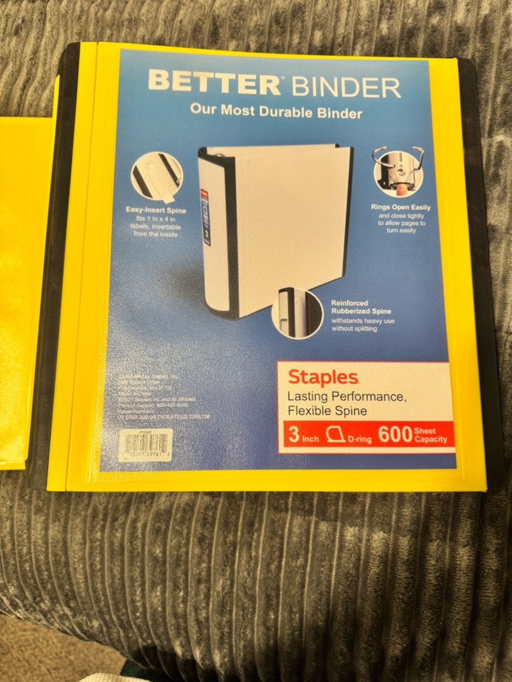 Two Staple Better Binder 3-Inch D-Ring Durable Home Office Binder - Yellow